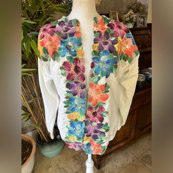 Sweatshirt turned cardigan, hand, painted long sleeve, large,  unique colorful - Picture 2 of 10